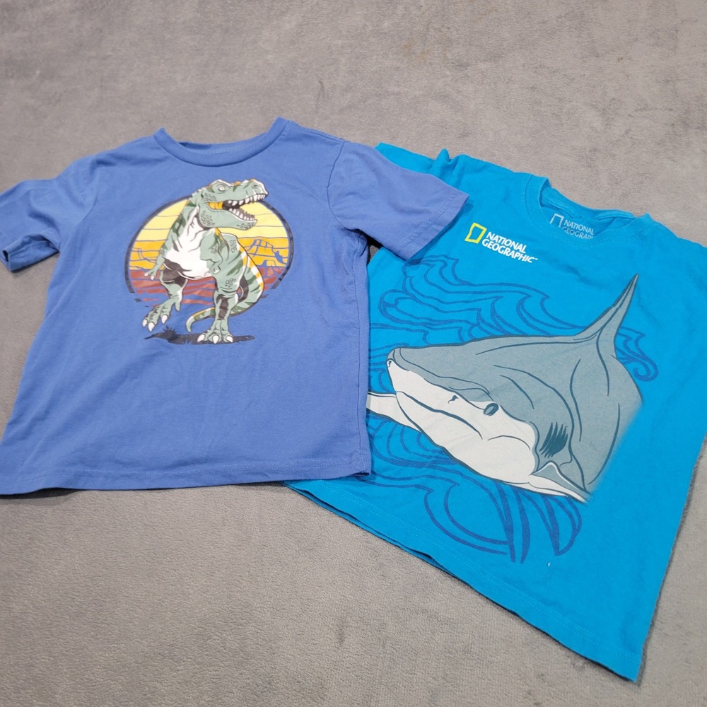 National Geographic Dinosaur Shark Shirts Boys Size‎ 7 Blue Graphic Tee Bundle 2